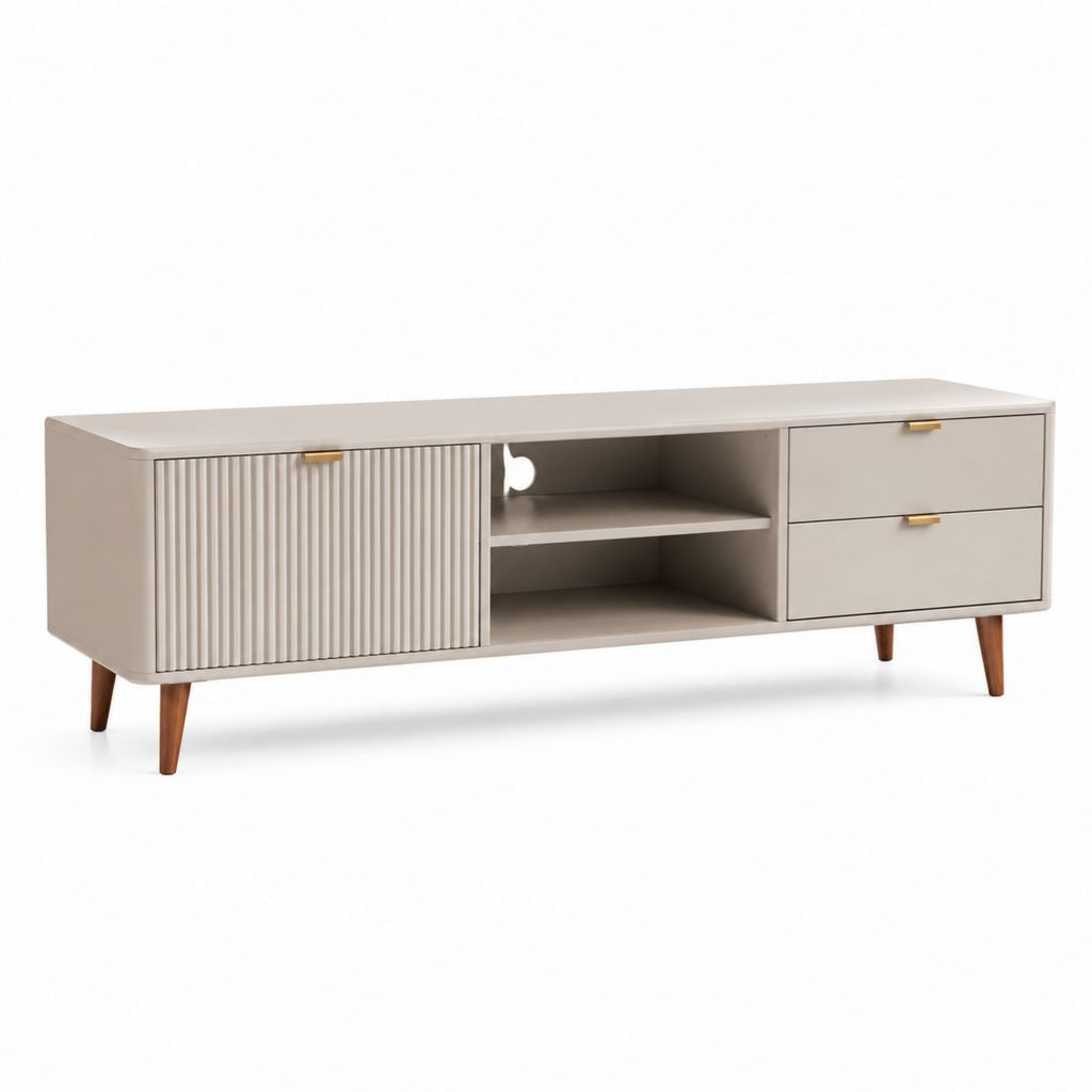 TV-Lowboard Beige aus MDF und Kautschukholz rechteckig 180 x 40 x 55 cm mit Schiebetür Schubladen und offenen Fächern