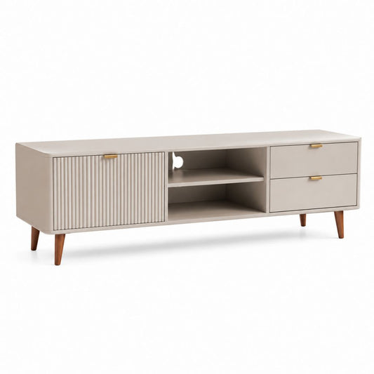 TV-Lowboard Beige aus MDF und Kautschukholz rechteckig 180 x 40 x 55 cm mit Schiebetür Schubladen und offenen Fächern