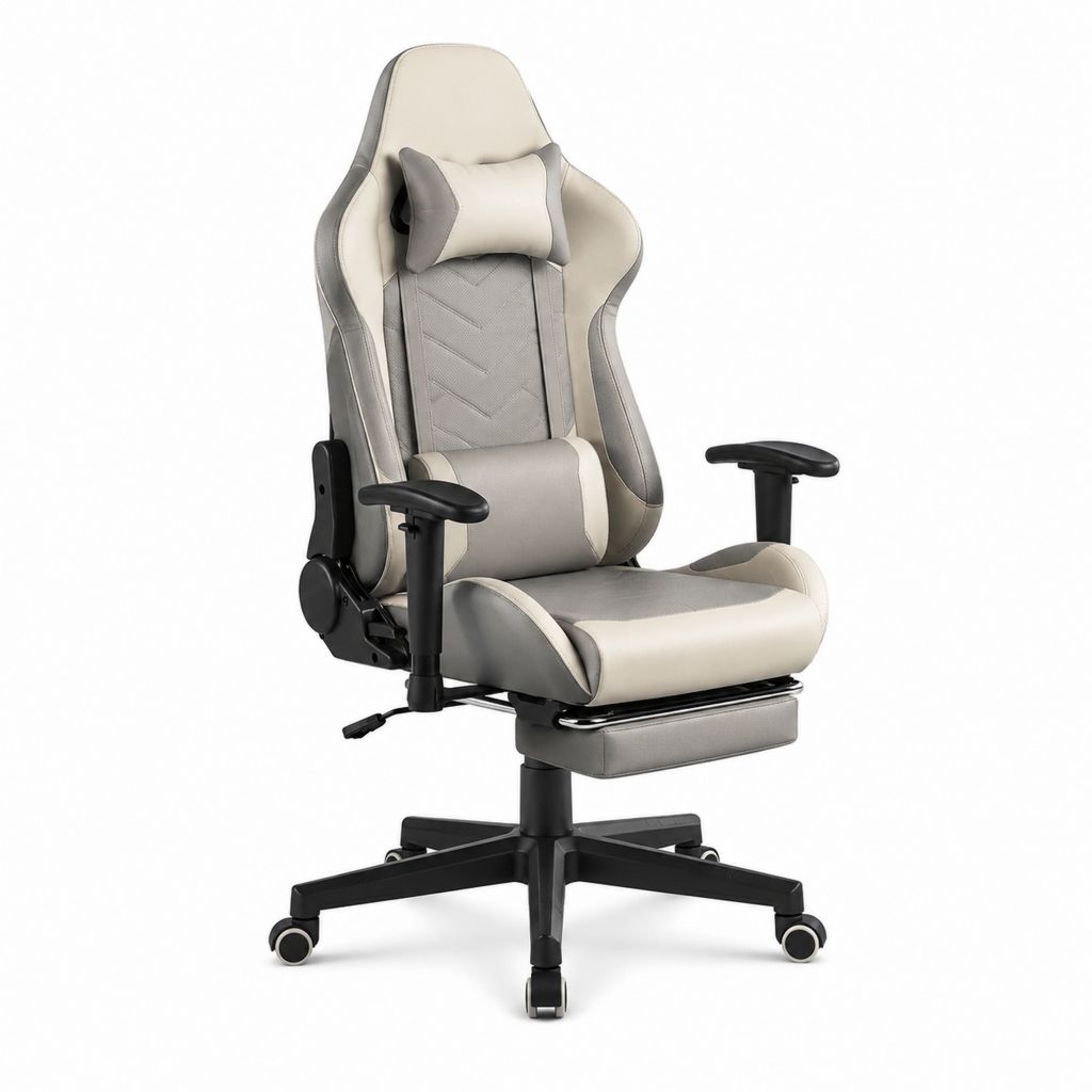 Gamingstuhl mit hoher Rückenlehne Grau Cremeweiß PU-Kunstleder 128-138 x 70 x 70 cm