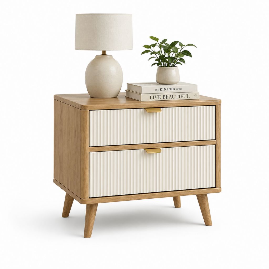 Nachttisch mit 2 Schubladen Natur Creme MDF mit Eichenfurnier rechteckig 60 x 40 x 60 cm